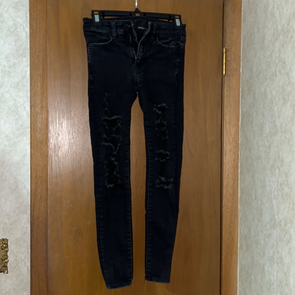 Black American Eagle Ne(x)t Level Stretch Ripped Skinny Jeans sz 00 Short